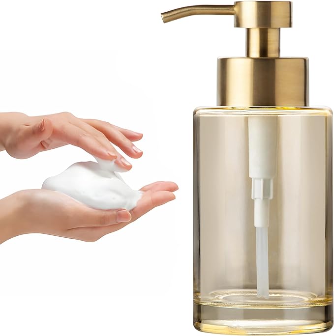 Enra Gold Foaming Soap Dispenser, 12oz Thick Glass Bathroom & Kitchen Dispenser with Stainless Steel Pump