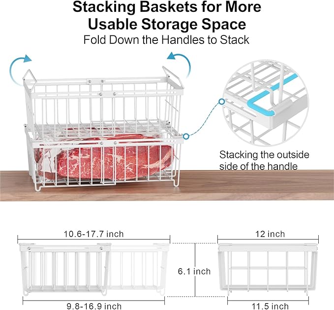 iSPECLE 2 Pack Freezer Organizer Bins - Fit 10 to 20 Cu.Ft Deep Freezer, Expandable Wire Storage Chest Freezer Baskets for Frozen Food, Stackable with Handles, White