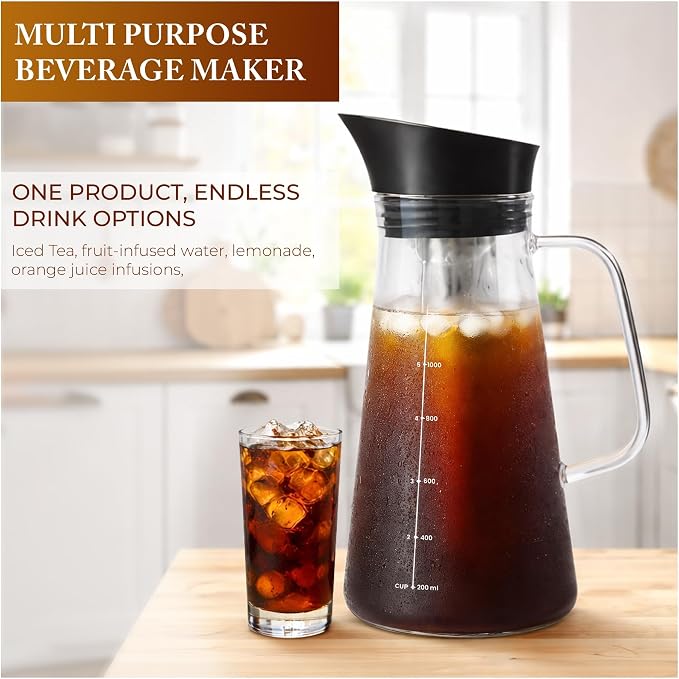 Cold Brew Pitcher 1L Glass Coffee Maker | Stainless Steel Mesh Filter