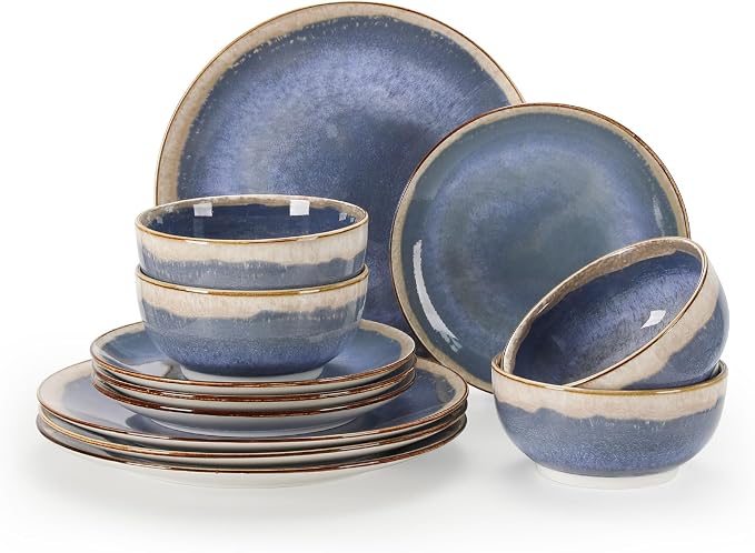 Sweejar 12 Pieces Ceramic Dinnerware Sets for 4, Gradient Glaze Plates and Bowls Set, Microwave & Dishwasher Safe, Stackable Dish Set, Scratch Resistant Dishware Sets, Purple