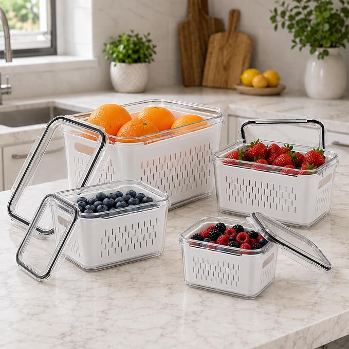 UFORU 4 Pack Fruit Storage Containers for Fridge, Produce Containers with Removable Colander, Airtight Stackable Storage Containers, Reusable Refrigerator Organizer Bins for Berries, Lettuce