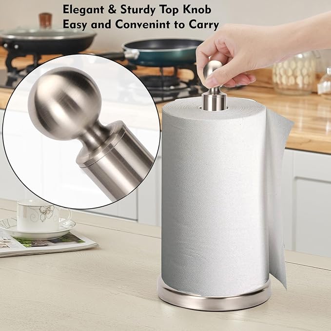 Kalitro Paper Towel Holder Countertop, Standing Paper Towel Roll Holder for Kitchen Bathroom, with Weighted Base for One-Handed Operation (Stainless Steel Base, Brushed Nickel)