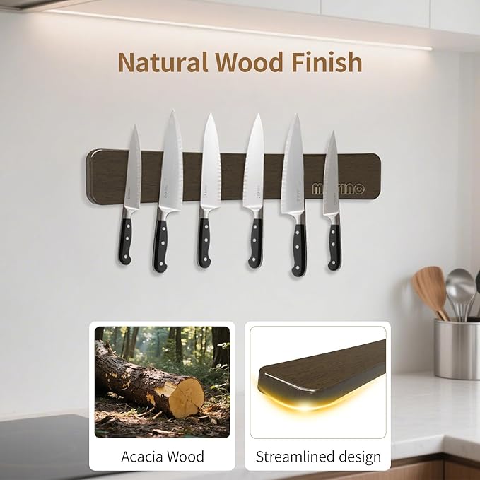 Magnetic Knife Holder for Wall,16.5 Inch Acacia Wood Magnetic Knife Strip for Refrigerator,Double Sided Magnetic Knife Rack,No Drilling