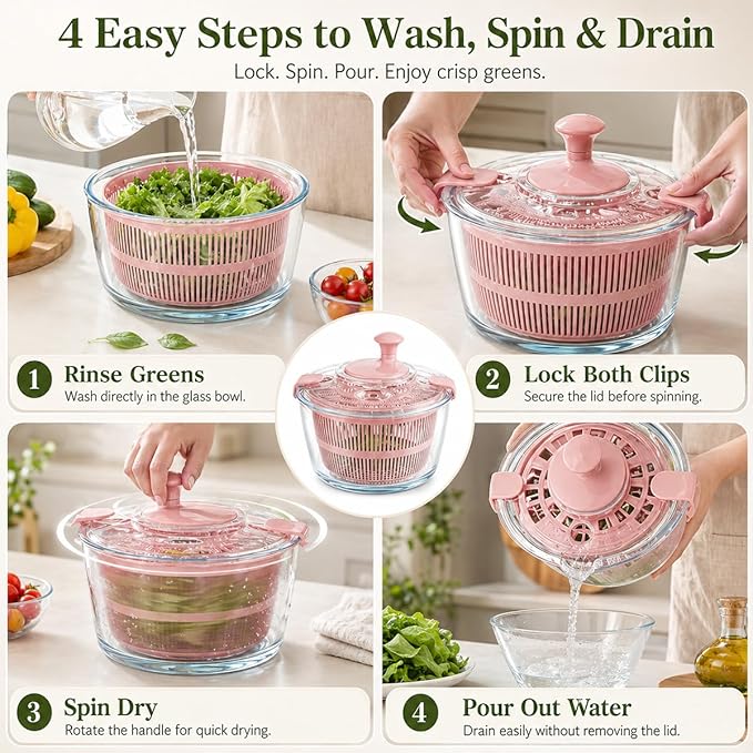 Good Grips Large 5.2 Qt Glass Salad Spinner Vegetable Dryer with Drain Dishwasher Safe with Transparent Lid Crank Handle Quick Spin Greens Washer for Lettuce Herbs Fruits Pink