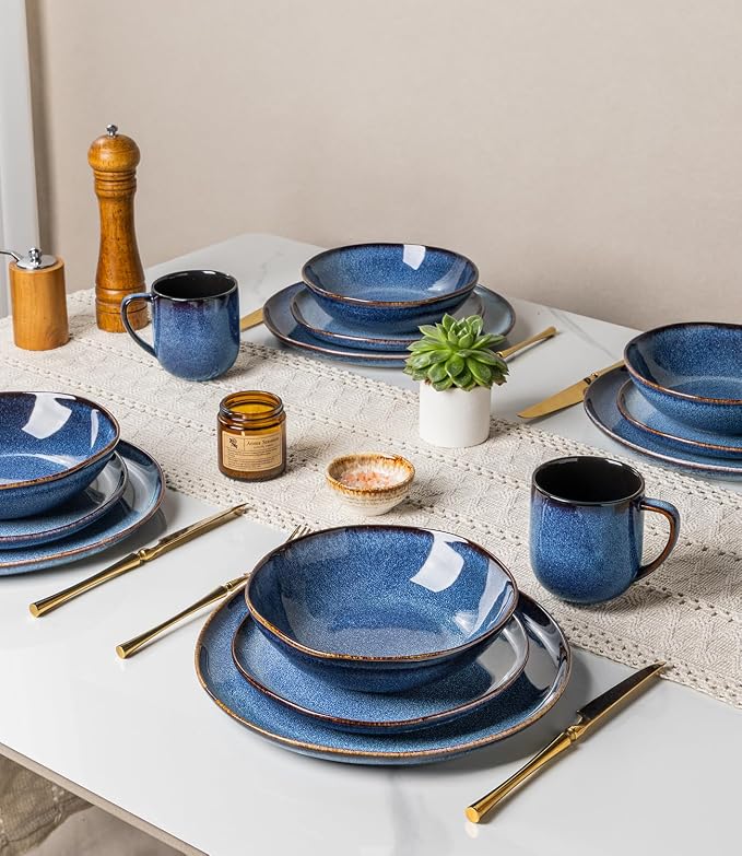 GBHOME Stoneware Dinnerware Sets for 6, 18 Pieces Rustic Earthenware Plates and Bowls Set, Handmade Reactive Glaze Ceramic Plate Sets, Chip Resistant Dishes, Microwave & Dishwasher Safe, Sea Blue