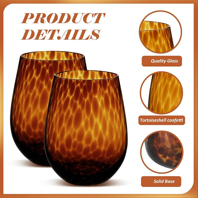Honeydak Set of 6 Tortoise Leopard Print Brown 16oz Rocks Glasses Stylish Stemless Cocktail Cups Glass Glassware Tumbler Ideal for Gin, Tequila, Vodka, Soft Drinks