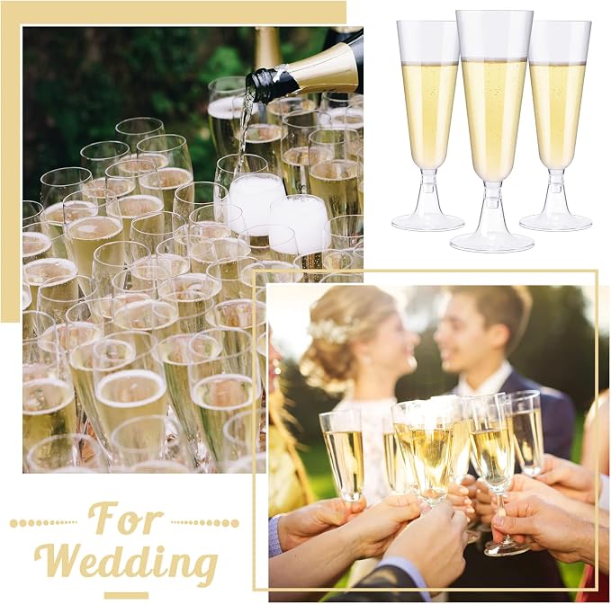 CHENGU 150 Pcs Champagne Flutes 5 Oz Plastic Disposable Champagne Flutes Crystal Wine Glasses Reusable Plastic Cocktail Cups for Wedding Celebration Toasting Drinking (Clear,Classic)