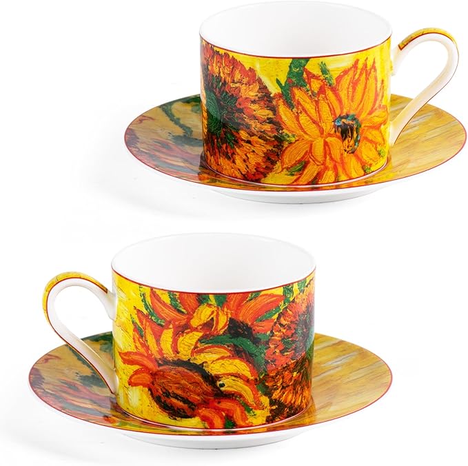 KAMMAK Tea Cups and Saucers Set of 2, Porcelain Coffee Cups, Stackable Espresso Mugs, Ceramic Demitasse for Coffee, Cappuccino, Latte, Americano, Tea, Large - Sunflower Oil Painting