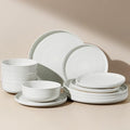 12-Piece Stoneware Dinnerware Sets, Service for 4 - Speckled Glaze with Spiral Design – Farmhouse Coupe Plates and Bowls - Chip & Scratch Resistant, Microwave & Dishwasher Safe, White