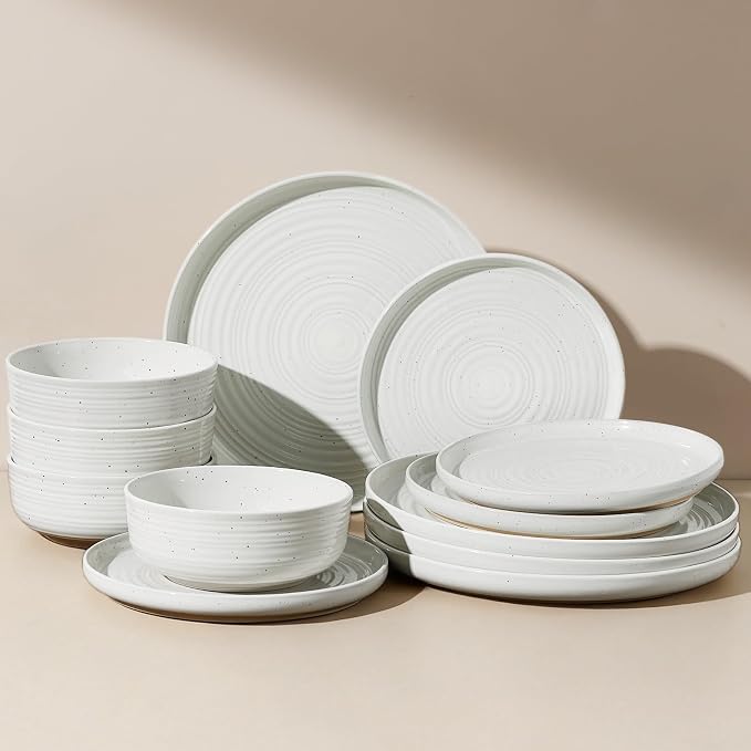 12-Piece Stoneware Dinnerware Sets, Service for 4 - Speckled Glaze with Spiral Design – Farmhouse Coupe Plates and Bowls - Chip & Scratch Resistant, Microwave & Dishwasher Safe, White