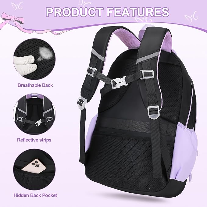 DIGOBAY Girls Backpack - Includes 14oz Insulated Water Bottle, Girls School Backpack Set with Lunch Bag & Pencil Case Teens for School (Black-Purple)
