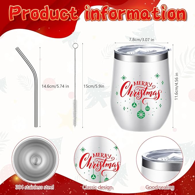 Ziliny 6 Pieces Christmas Wine Tumbler 12 oz Xmas Insulated Stainless Steel Wine Cups with Lid and Straw Funny Coffee Mugs with Brush for Holiday Wedding Party Gifts(Classic Style)