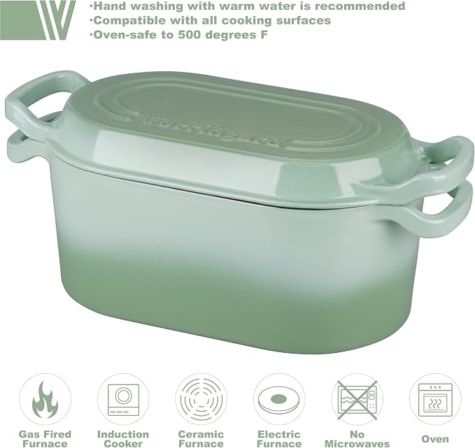VORRINGARD Oval Dutch Oven Pot with Lid, Enamel Coating Cast Iron Bread Pans for Homemade Sourdough Bread Baking, Cooking, 4 Quart, Green