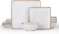 E-far Square Plates and Bowls Sets, 12-Piece Stoneware Dinnerware Sets for 4, Reactive Glaze Dish Set, Chip and Scratch Resistant, Microwave and Dishwasher Safe, Seashell White