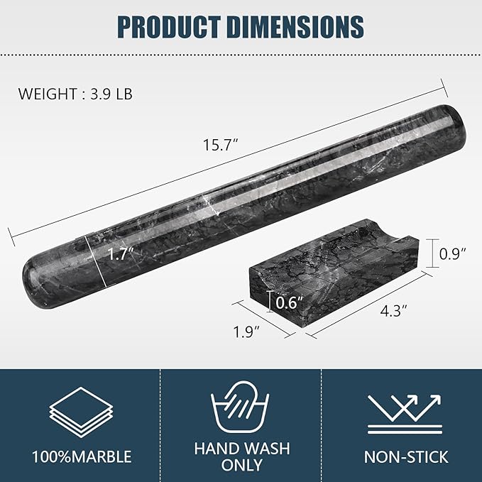 Marble Rolling Pin with Stand, 15.7" Black Stone French Heavy Polished Non Stick Cookie Pizza Pastry Dough Baker Roller for Kitchen Baking