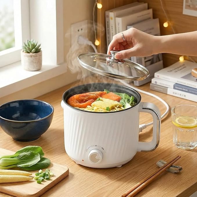 1.6L Electric Ramen Cooker Multicooker: Non-Stick Hot Pot for Instant Noodles Pasta Oatmeal Stews Soup Shabu-Shabu and Egg Dorm Cooking Includes Steamer Basket & Glass Lid Power Adjustment White