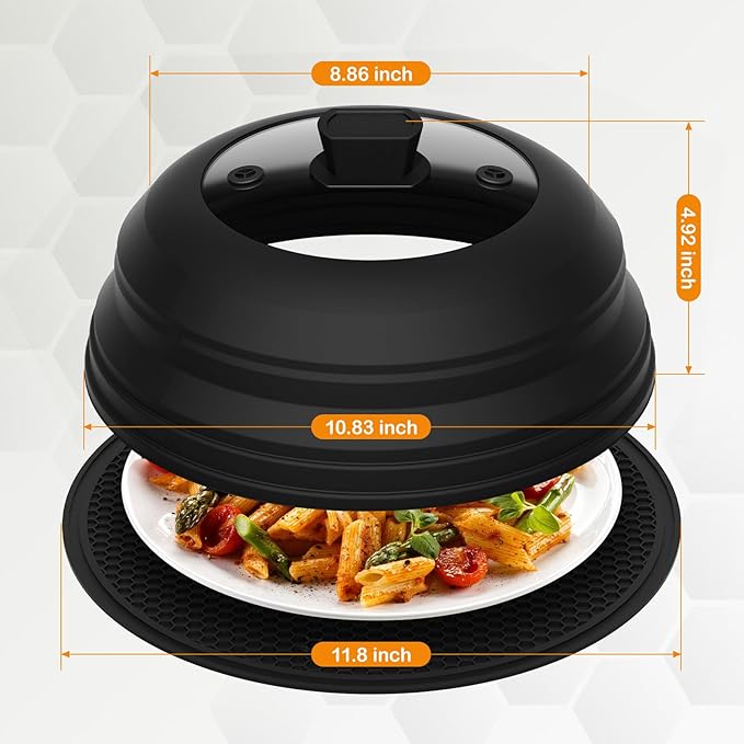Lzerking Microwave Splatter Cover & Silicone Mat, 10.8 inch Glass Splatter Guard Lid with Collapsible Silicone for Food, Fits 6-10 inch Pot Plate Bowl, Heat Resistant, Dishwasher Safe, Kitchen, Black