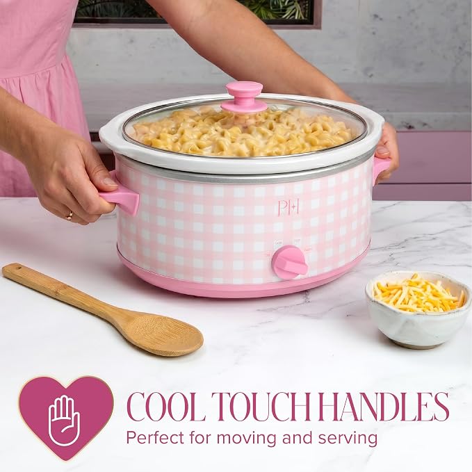 Paris Hilton 6-Quart Manual Slow Cooker, Features Three Settings (Low, High, Warm), Naturally Nonstick and Dishwasher Safe Stoneware Insert, Family Sized Capacity, Gingham Pink
