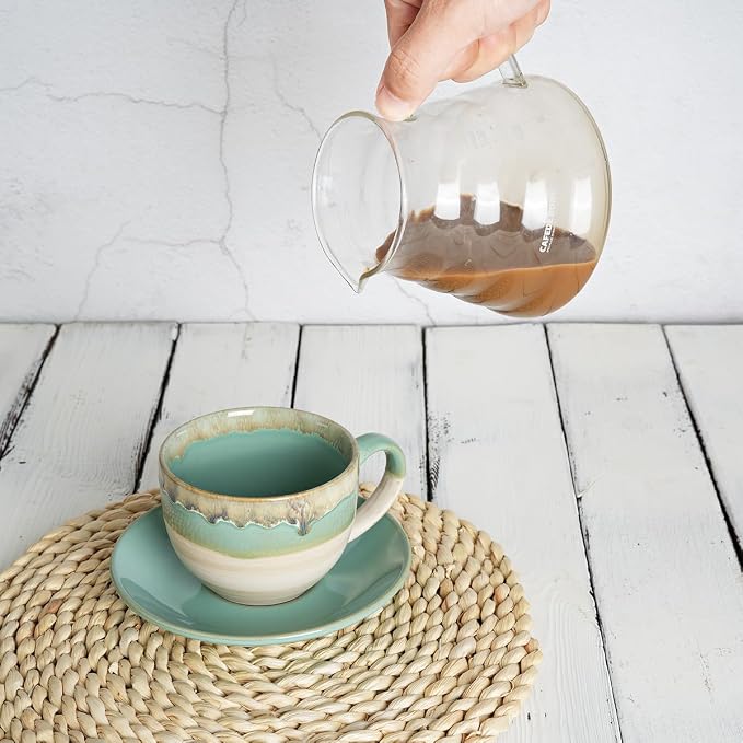 Bosmarlin Ceramic Cappuccino Cup and Saucer Set of 2, 10 Oz, Coffee Cups for Latte, Espresso, Tea, Dishwasher and Microwave Safe, Reavtive Glaze (Green)