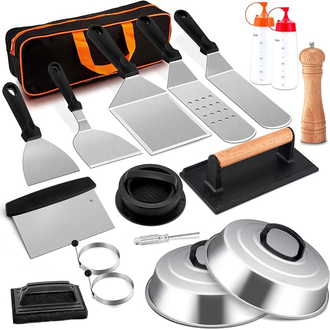 Joyfair Griddle Accessories Kit for Blackstone - 18Pcs, (PP Handle) | Flattop Grill Accessory Tools Set with Stainless Steel Spatula Turner, Basting Cover, Smash Burger Press for BBQ Cooking