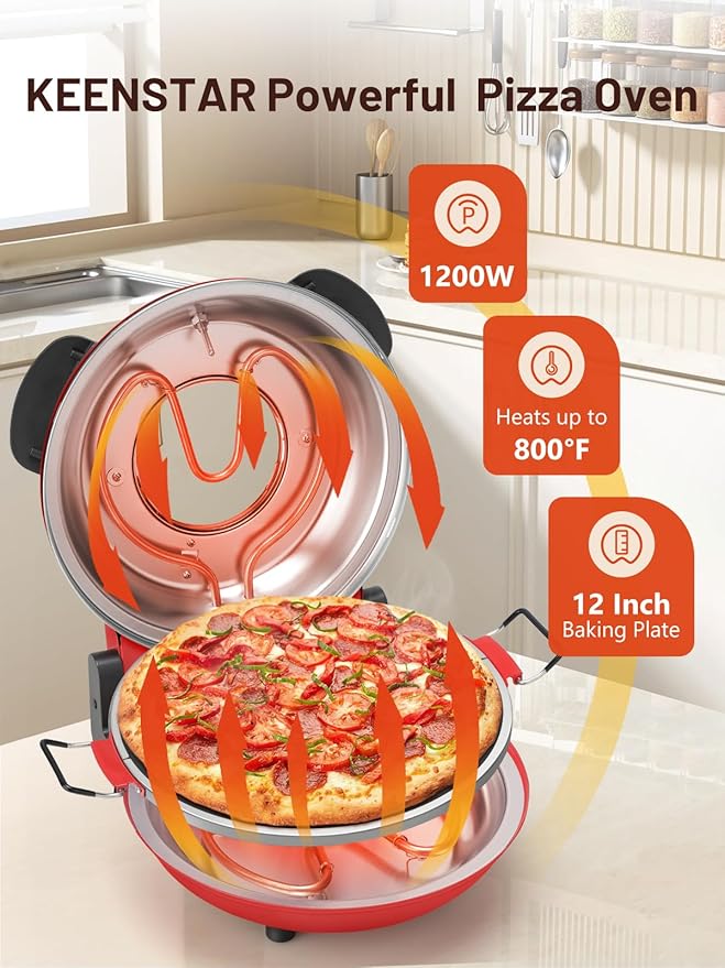 KEENSTAR Pizza Oven Indoor 12-Inch, Countertop Glazed Ceramic Stone Pizza maker with Adjustable Timer, 1200W Heat up to 800°F, Electric Pizza Cooker with Viewing Window Baked Pizzeria Style at Home
