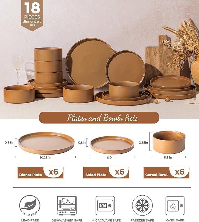 LERATIO Ceramic Dinnerware Sets for 4, High Edge Stoneware Plates and Bowls Set, Chip and Crack Resistant | Oven & Dishwasher & Microwave Safe Dishes Set, Service for 4 -Caramel