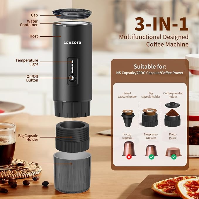 Portable Espresso Machine, 20Bar Self‑Heating & Cold Brew Coffee Maker, Rechargeable 7500mAh, 3‑in‑1 for Nespresso & Ground Coffee, Travel Coffee Machine for Camping Car (Black)