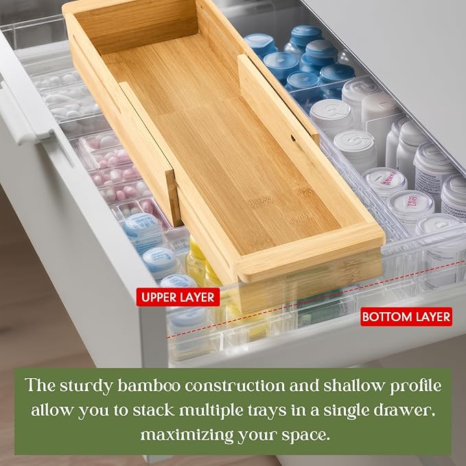 LemonRoad 2 Pcs Sliding Drawer Organizer Bin Bamboo Drawer Expandable Bins Utensil Organizer for Kitchen Spoons Forks Knives (Wood)