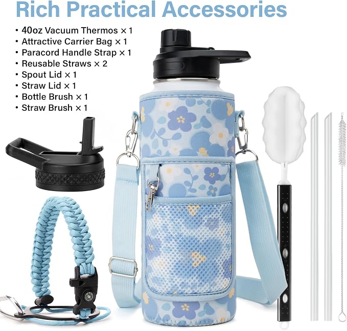 DYSANKY Insulated Water Bottle Gift– Stainless Steel Bottle with Carrier Bag, Strap & Gift Box – BPA-Free – Ideal for Hiking, Camping & Travel - Blue Flower 40 oz