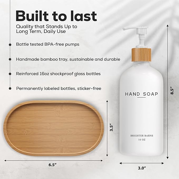 White Glass Hand and Dish Soap Dispenser Set by Brighter Barns - Kitchen Soap Dispenser Set with Tray - Glass Bottles for Kitchen Sink - Housewarming Gift, Countertop Decor, Boho Home Decor (White)