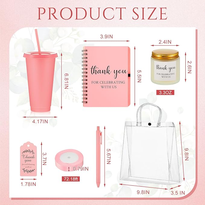 Nuogo 12 Sets New Parent Shower Prizes for Player Winners Adult, Wedding Bridal Shower Gift, Plastic Tumbler Notebook Scented Candle Ballpoint Pen Bag (Pink Color,Classic Style)