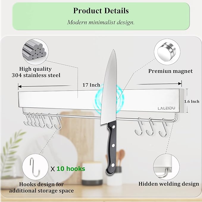 Magnetic Knife Holder for wall, 17 Inch Knife Magnetic Strip with 10 Hooks, Stainless Steel Knife Holder Magnet Rack for Kitchen Organizer, Mount with Adhesive or Screws