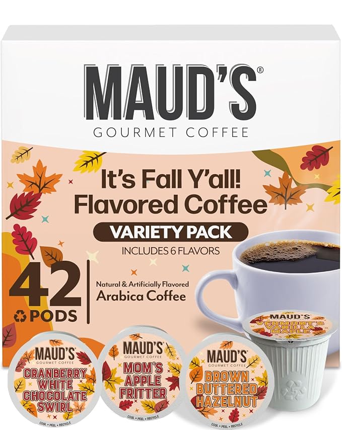 Maud's Fall Flavored Coffee Pods Variety Pack, 42ct, 6 Assorted Flavors, Medium Roast Coffee in Single Serve Pods – 100% Arabica Beans, Compatible with Keurig K Cups Maker