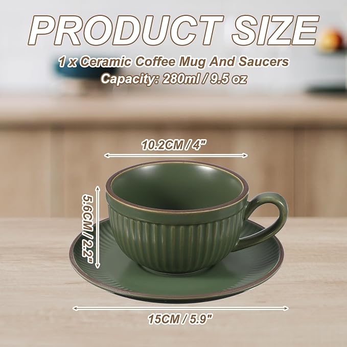 uxcell Handmade Vintage Espresso Cups, 9.5oz Stripe Coffee Cups and Saucers Ceramic Tea Cup with Handle Dishwasher and Microwave Safe for Latte Cappuccino Milk Office Home, Dark Green