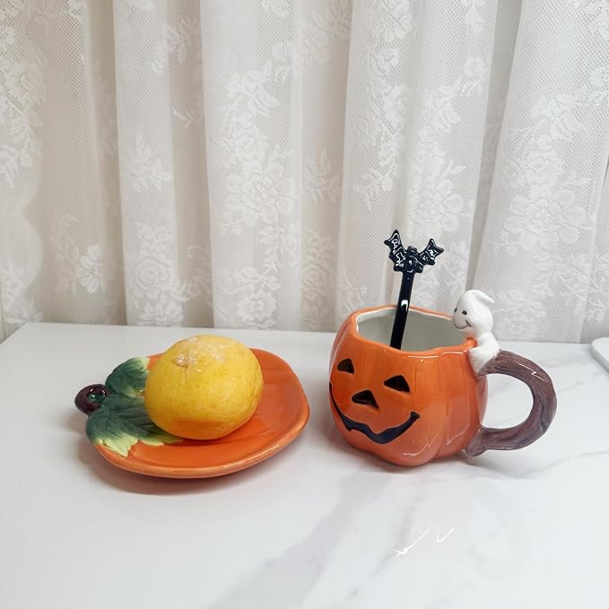 Ceramic Tea Cup and Saucer Set ，6oz 3D Hand-painted Pumpkin and White Ghost Coffee Mug ，Halloween Home Decoration，Gift