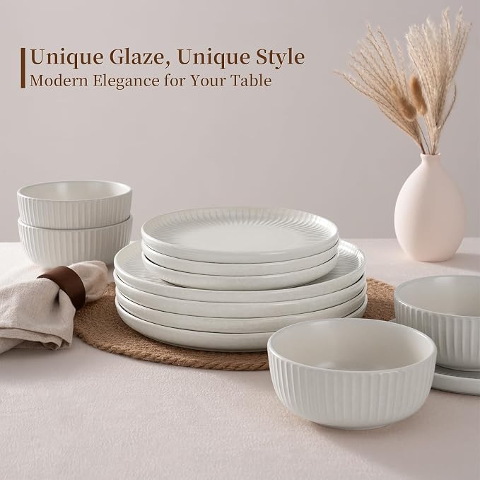 Famiware Starlight 12-Piece Plates and Bowls Sets for 4, Stoneware Dinnerware with Ribbed Textured, Handcrafted Reactive Glaze Dishes - Dishwasher & Microwave Safe, Chip/Scratch Resistant, Matte White
