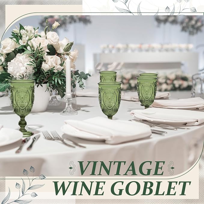 Wiwiqing 24 Pcs Plastic Goblets 7.5oz Vintage Goblet Plastic Wine Glasses Colored Retro Embossed Water Goblets for Wine Bar Juice Baby Shower Wedding Reception Grand Event Party (Olive Green)