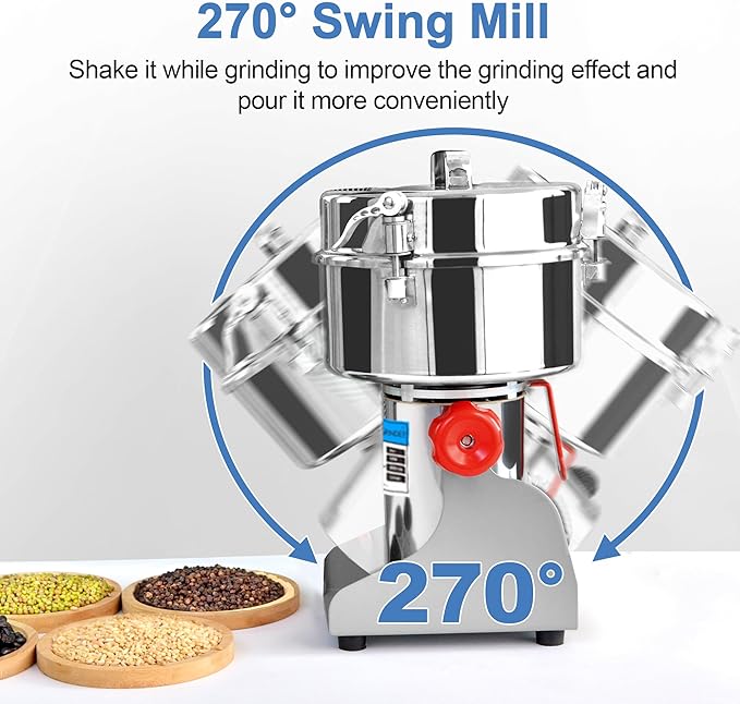 750g Electric Grain Mill Grinder, 304 Stainless Steel Flour Mill, 2800W High Speed Spice Grinder, Electric Grain Mill for Dry Wheat, Oats, Corn, Pepper and Coffee Beans