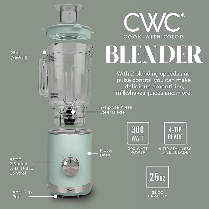 COOK WITH COLOR 300 Watt Blender: Powerful 2-Speed Control with Pulse, 4-Tip Stainless Steel Blades, 25oz (750ml) Jar, and Skid-Resistant Feet, Sage
