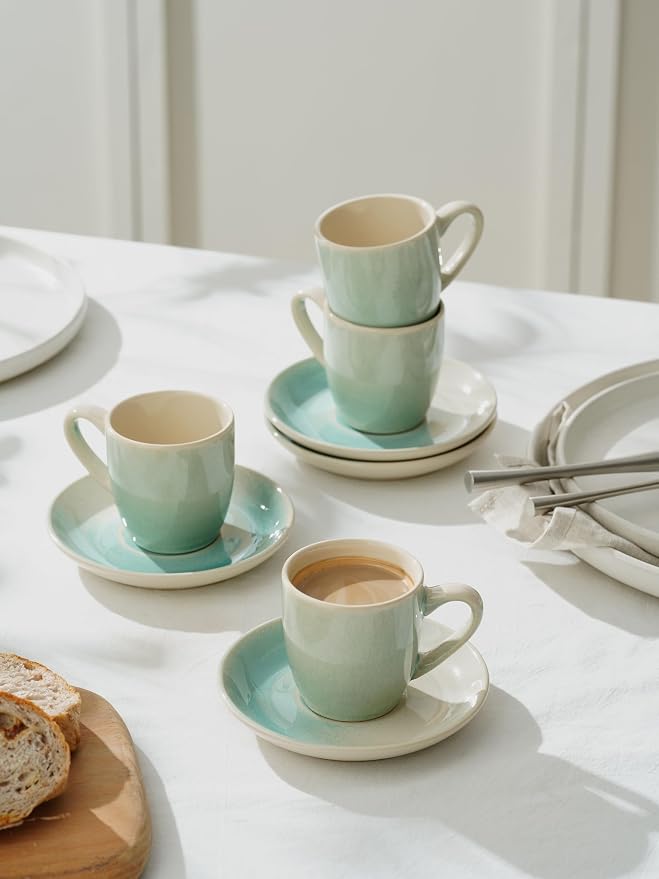 famiware Glacier Espresso Cups with Saucers Set of 4, 3oz Espresso Cup Set, Coffee Mug Set for Latte, Macchiato, Stoneware Demitasse Cups Set for Cafe, Microwave&Dishwasher Safe, Aqua (Pack of 2)