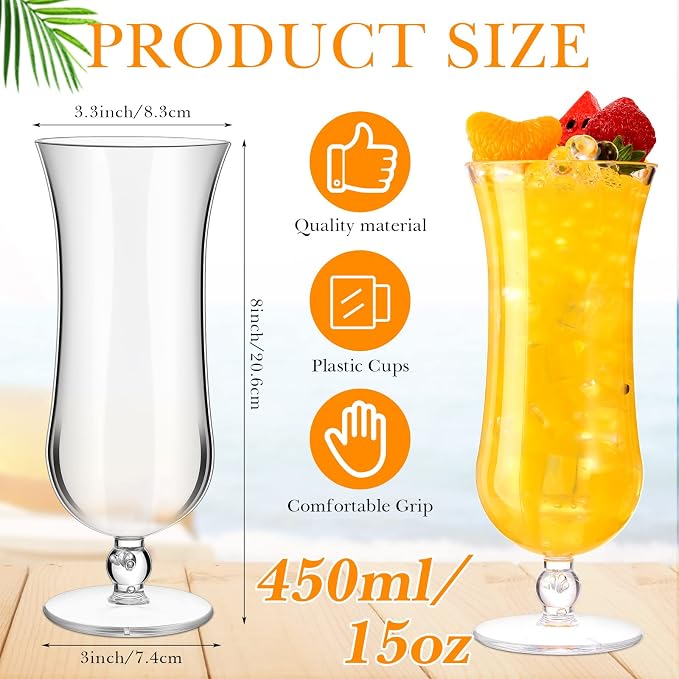 Norme 48 Pack Hurricane Glass Plastic Bulk 15 oz Break Resistant Piña Colada Cocktail Glasses Reusable Acrylic Clear Tulip Drinking Cups for Wedding Spring Summer Party Cocktails Beer Wine Juice
