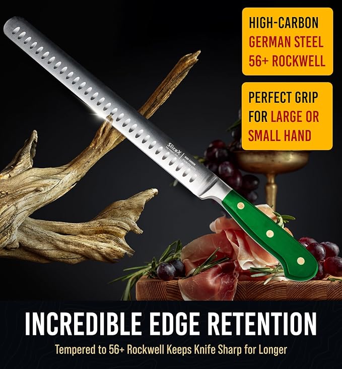 Bright Hobby Classic Brisket Slicing Carving Knife – Gift for Dad From Wife, Son, Daughter - 12” Full Tang Meat Cutting and BBQ Knife – Razor Sharp German Steel with Ergonomic Handle - Green