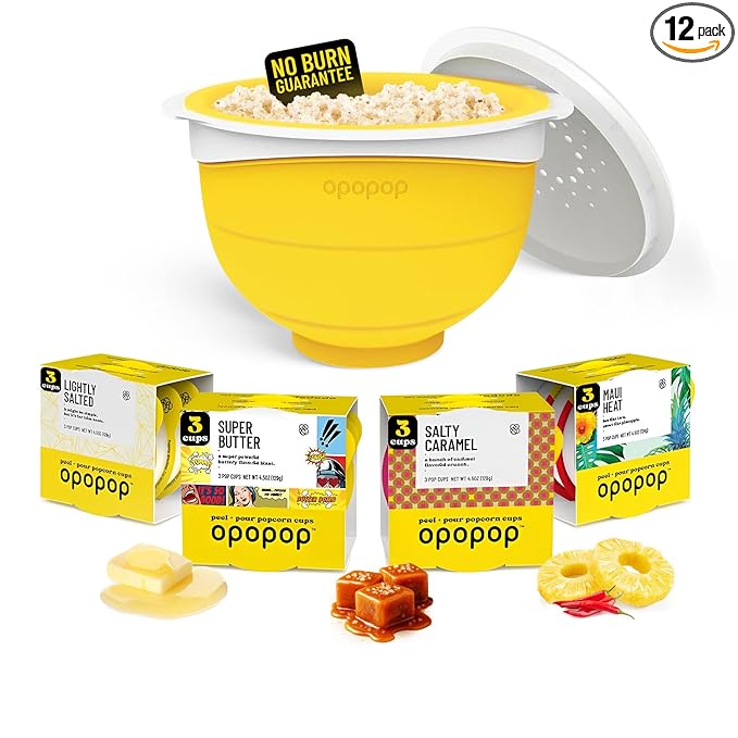Opopop Microwave Popcorn - Variety 12-Pack Gourmet Popcorn Kit, Collapsible Silicone Popcorn Popper, Popcorn Maker, Gluten Free Snacks Variety Pack, BPA-Free and Dishwasher Safe (New Flavors)