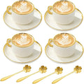 Cappuccino Cups Set of 4, 7oz Espresso Cups Set with Saucers and Sakura Spoons, Gold Trim Ceramic Coffee Tea Cups for Latte, Mocha, Au Lait, Dishwasher & Microwave Safe, Art Deco (Gold Striped/200ml)