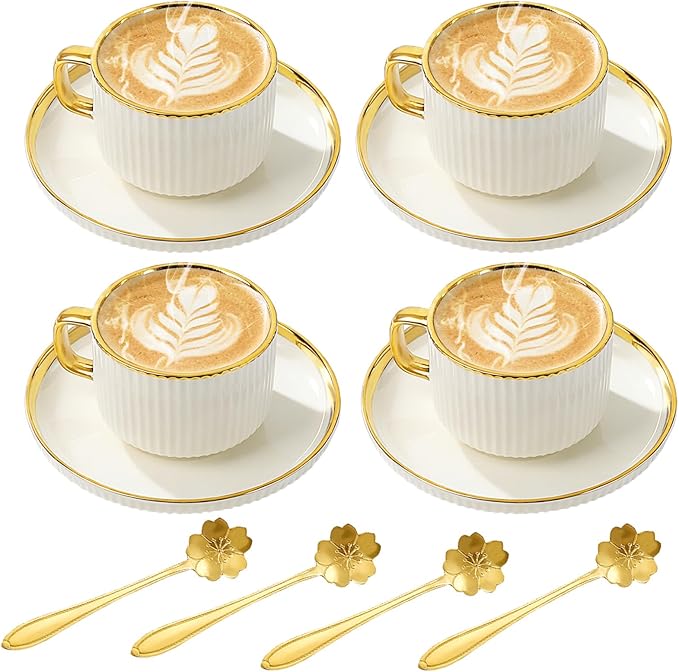 Cappuccino Cups Set of 4, 7oz Espresso Cups Set with Saucers and Sakura Spoons, Gold Trim Ceramic Coffee Tea Cups for Latte, Mocha, Au Lait, Dishwasher & Microwave Safe, Art Deco (Gold Striped/200ml)