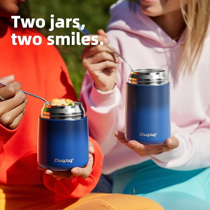 2 Pack Insulated Food Jar Set, 26oz & 18oz Stainless Steel Vacuum Insulated Soup Containers for Hot Food, Leak-Proof Thermal Food Jars with Spoons, Cute Stylish Design for School, Work & Travel (Blue)