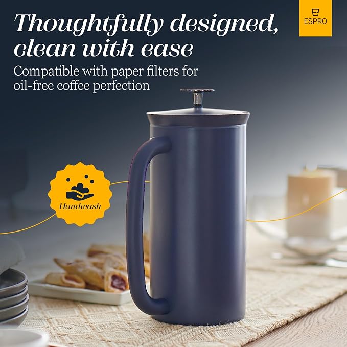 ESPRO Pro P7 French Press Stainless Steel 304 – Patented Double Walled Micro-Filter Insulated French Press Coffee Maker, Grit-Free Brew - Heat Resistant BPA Free - Aegean Blue, 32oz