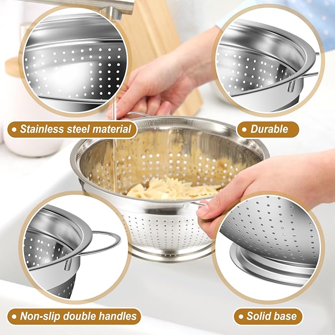 Maxdot 2 Pack 5 Quart Heavy Duty Stainless Steel Colander with Footed Base and Handles Pasta Spaghetti Berry Fruit Vegetable Kitchen Food Strainer Basket