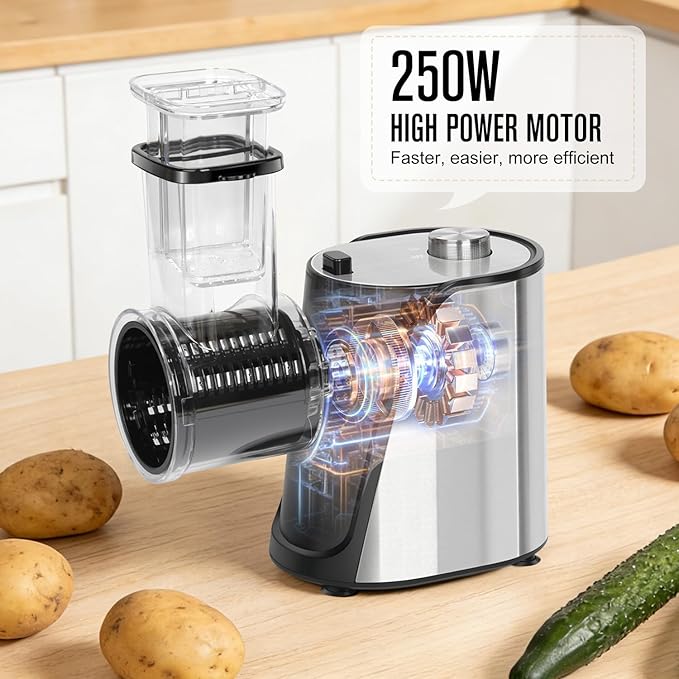 5-in-1 Electric Vegetables Slicer, 250W Cheese Grater Salad Shooter with 5 Different Blades, Kitchen Food Processor Cutter Chopper for Carrots, Potatoes, Nuts, Crackers, Salad Prep