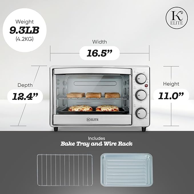 Kitchen Elite Toaster Oven, Compact Countertop Appliance with Bake Tray, Wire Rack, Adjustable Timer, and Temperature Control, Stainless Steel